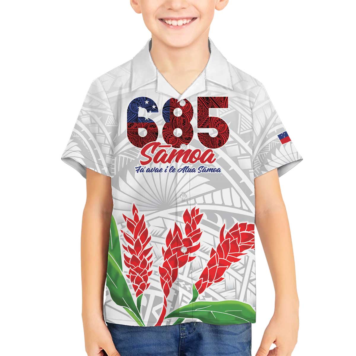 Personalised Samoa 685 Family Matching Off Shoulder Short Dress and Hawaiian Shirt Teuila Flower With White Samoan Tattoo LT9 Son's Shirt White - Polynesian Pride