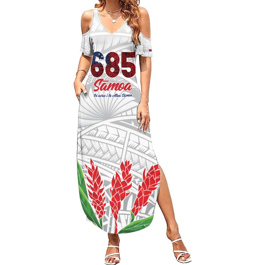 Personalised Samoa 685 Family Matching Summer Maxi Dress and Hawaiian Shirt Teuila Flower With White Samoan Tattoo LT9 Mom's Dress White - Polynesian Pride