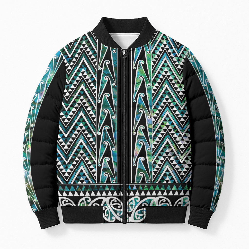 New Zealand Maori Niho Taniwha Bomber Puffer Jacket Papua Shell - Mangopare Puhoro Pattern LT9 Unisex Green - Polynesian Pride