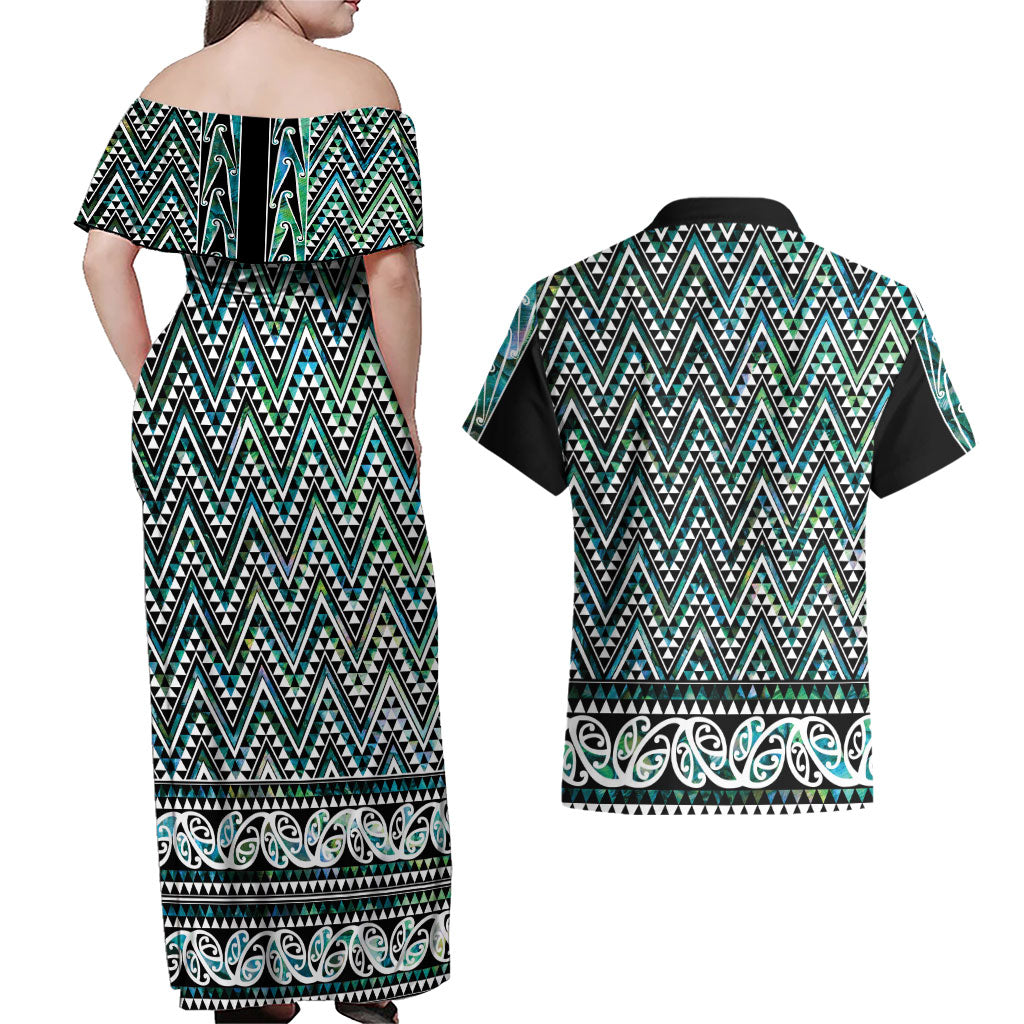 New Zealand Maori Niho Taniwha Couples Matching Off Shoulder Maxi Dress and Hawaiian Shirt Papua Shell - Mangopare Puhoro Pattern