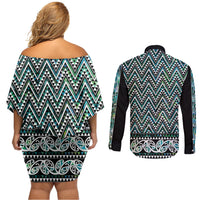 New Zealand Maori Niho Taniwha Couples Matching Off Shoulder Short Dress and Long Sleeve Button Shirt Papua Shell - Mangopare Puhoro Pattern