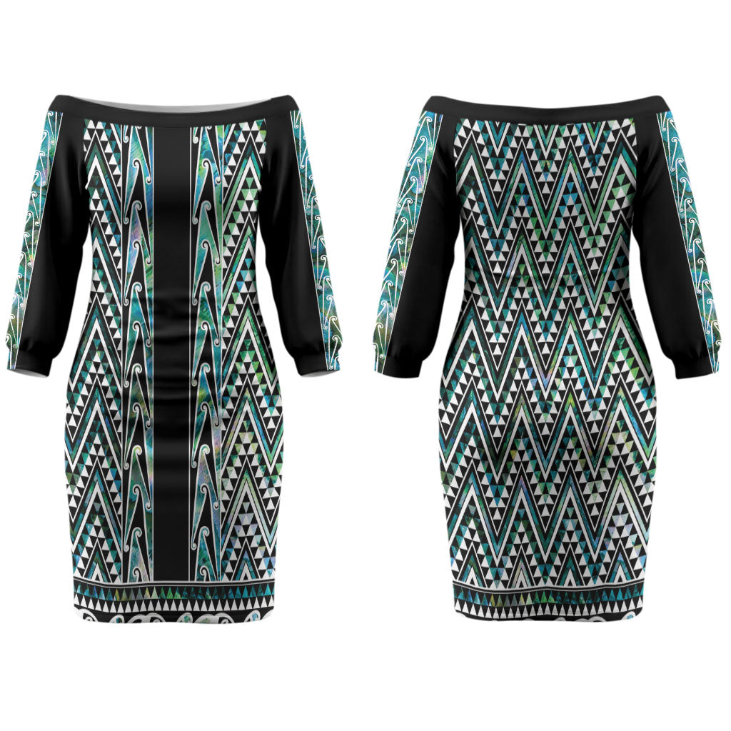 New Zealand Maori Niho Taniwha Couples Matching Off The Shoulder Long Sleeve Dress and Long Sleeve Button Shirt Papua Shell - Mangopare Puhoro Pattern LT9 - Polynesian Pride