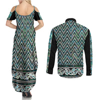 New Zealand Maori Niho Taniwha Couples Matching Summer Maxi Dress and Long Sleeve Button Shirt Papua Shell - Mangopare Puhoro Pattern