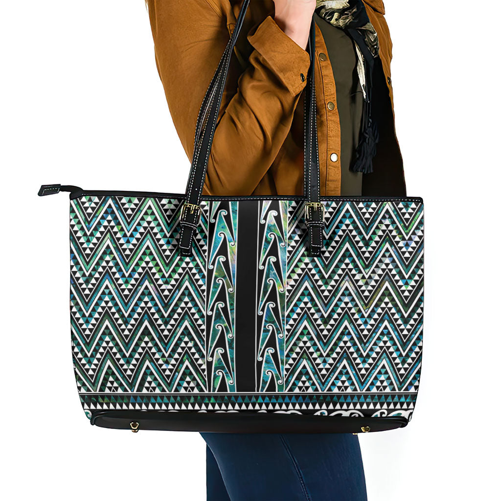 New Zealand Maori Niho Taniwha Leather Tote Bag Papua Shell - Mangopare Puhoro Pattern