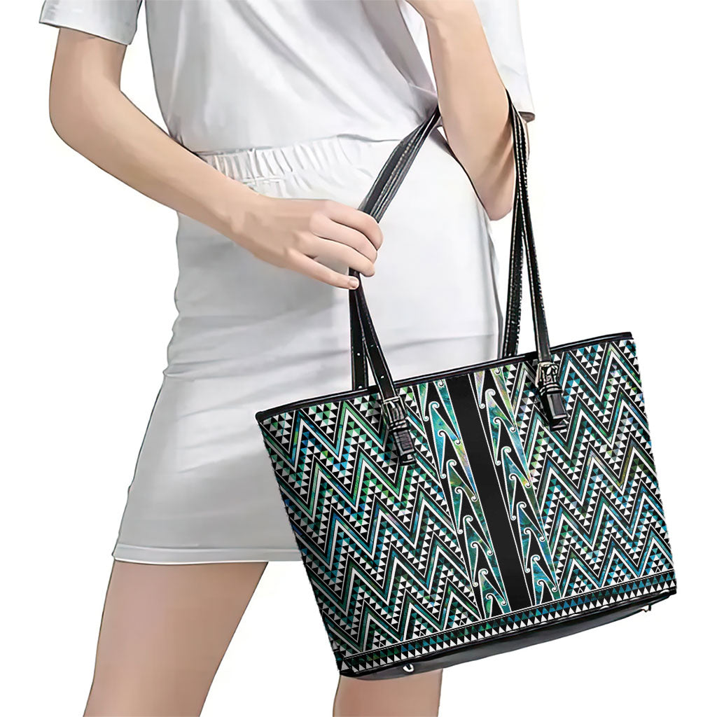 New Zealand Maori Niho Taniwha Leather Tote Bag Papua Shell - Mangopare Puhoro Pattern