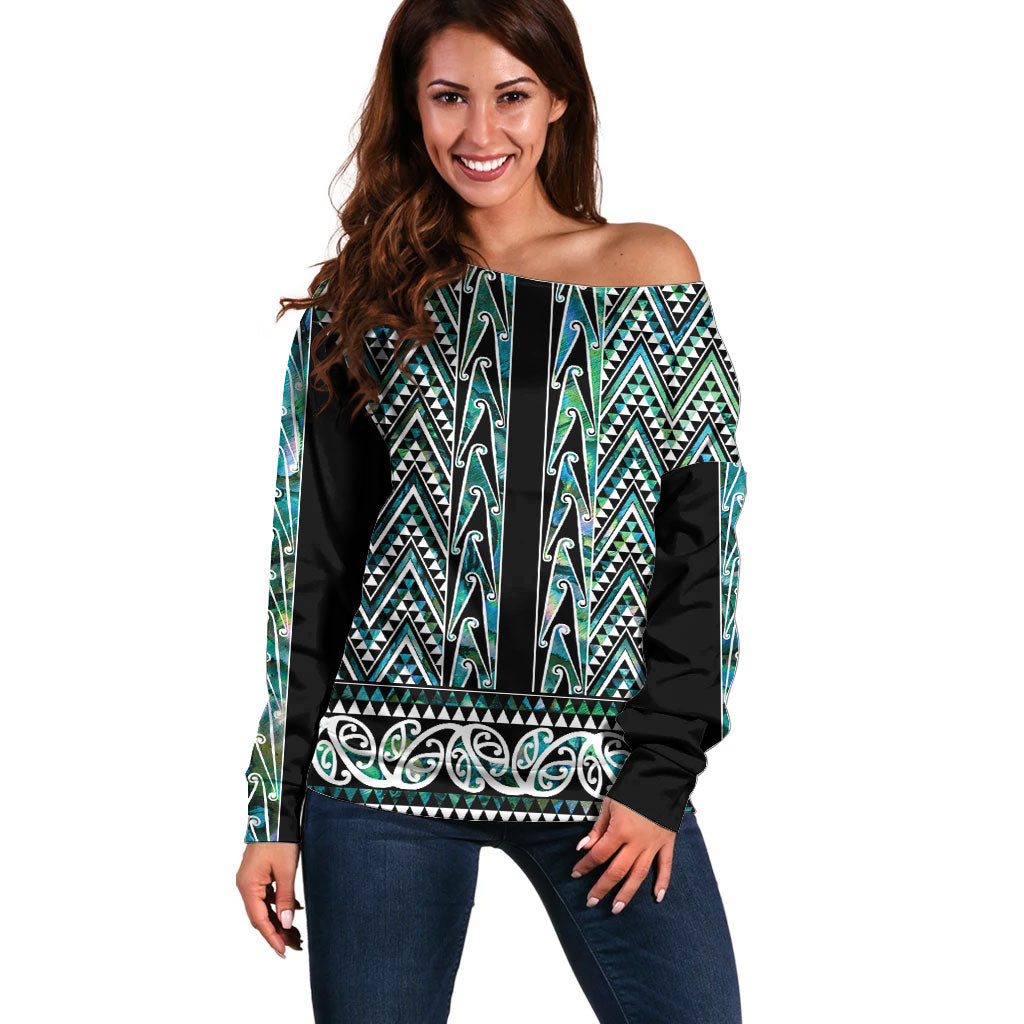 New Zealand Maori Niho Taniwha Off Shoulder Sweater Papua Shell - Mangopare Puhoro Pattern