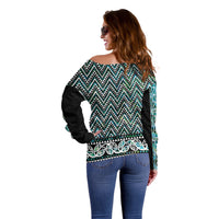 New Zealand Maori Niho Taniwha Off Shoulder Sweater Papua Shell - Mangopare Puhoro Pattern