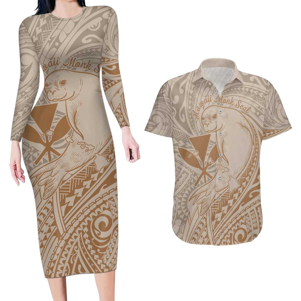 Hawaii Monk Seal and Map Couples Matching Long Sleeve Bodycon Dress and Hawaiian Shirt Polynesian Kanaka Maoli Beige Vibe LT9 Beige - Polynesian Pride
