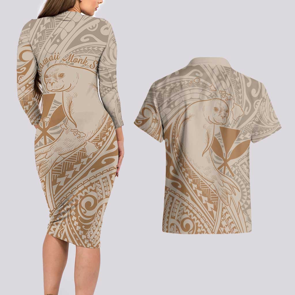Hawaii Monk Seal and Map Couples Matching Long Sleeve Bodycon Dress and Hawaiian Shirt Polynesian Kanaka Maoli Beige Vibe LT9 - Polynesian Pride