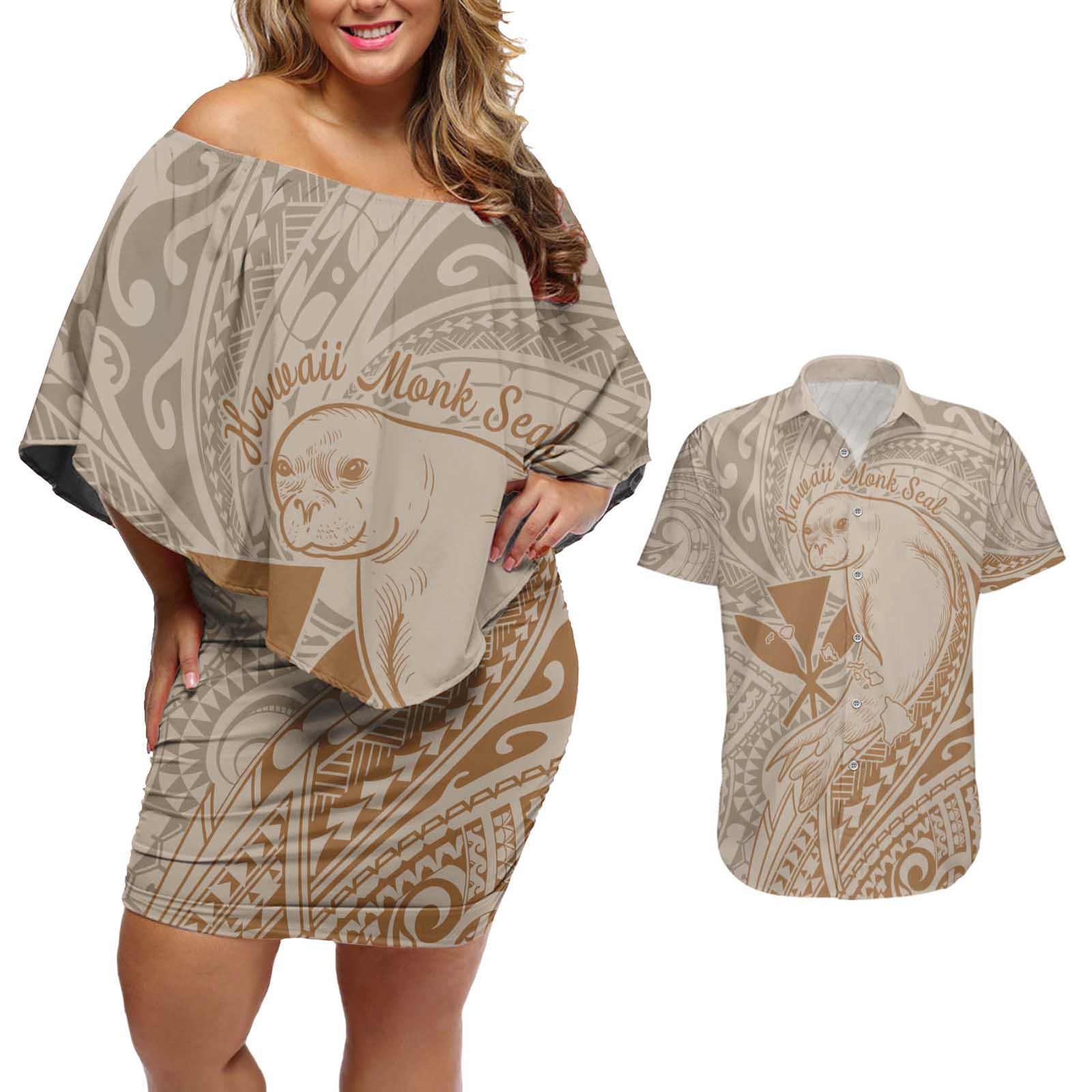 Hawaii Monk Seal and Map Couples Matching Off Shoulder Short Dress and Hawaiian Shirt Polynesian Kanaka Maoli Beige Vibe