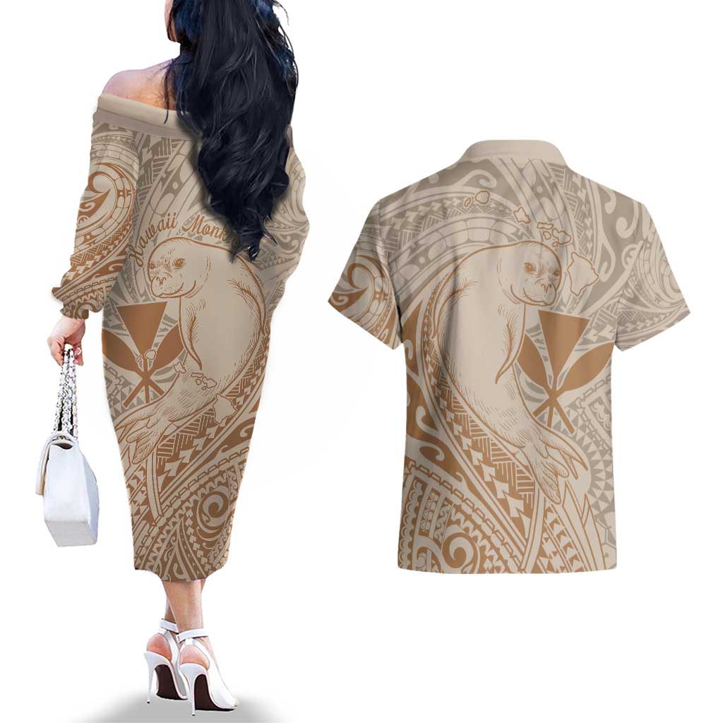 Hawaii Monk Seal and Map Couples Matching Off The Shoulder Long Sleeve Dress and Hawaiian Shirt Polynesian Kanaka Maoli Beige Vibe LT9 - Polynesian Pride