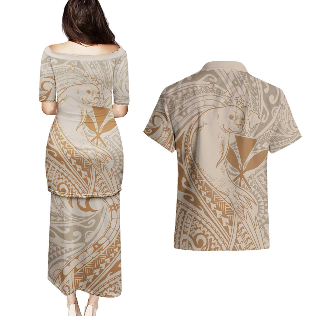 Hawaii Monk Seal and Map Couples Matching Puletasi and Hawaiian Shirt Polynesian Kanaka Maoli Beige Vibe