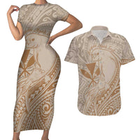 Hawaii Monk Seal and Map Couples Matching Short Sleeve Bodycon Dress and Hawaiian Shirt Polynesian Kanaka Maoli Beige Vibe LT9 Beige - Polynesian Pride