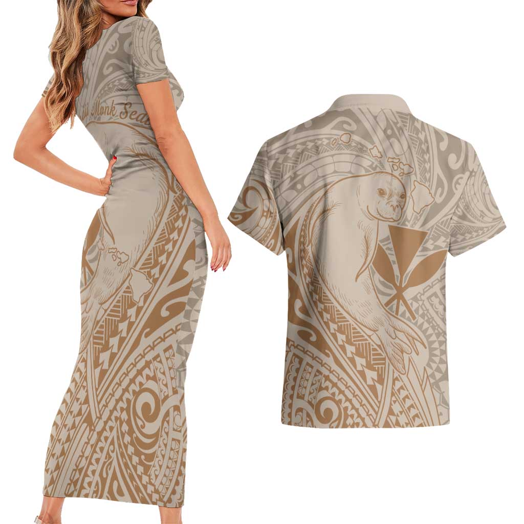 Hawaii Monk Seal and Map Couples Matching Short Sleeve Bodycon Dress and Hawaiian Shirt Polynesian Kanaka Maoli Beige Vibe LT9 - Polynesian Pride
