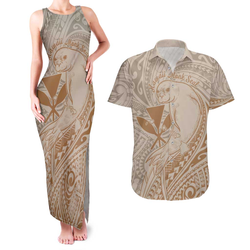 Hawaii Monk Seal and Map Couples Matching Tank Maxi Dress and Hawaiian Shirt Polynesian Kanaka Maoli Beige Vibe LT9 Beige - Polynesian Pride