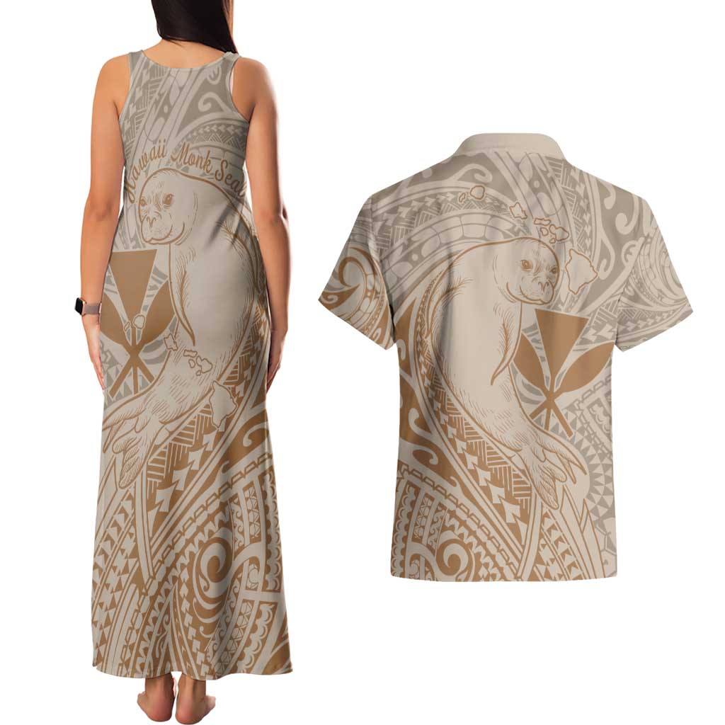 Hawaii Monk Seal and Map Couples Matching Tank Maxi Dress and Hawaiian Shirt Polynesian Kanaka Maoli Beige Vibe LT9 - Polynesian Pride