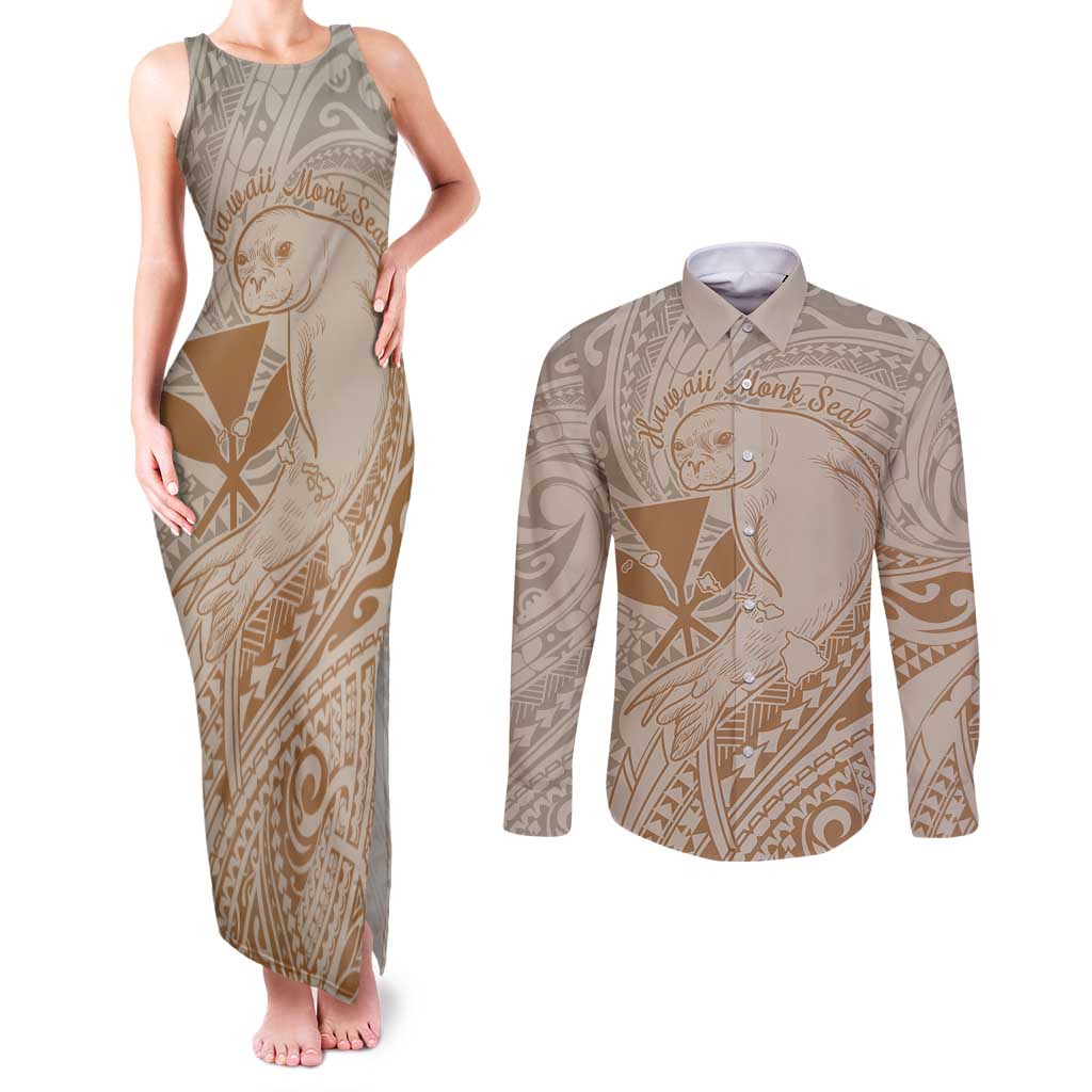 Hawaii Monk Seal and Map Couples Matching Tank Maxi Dress and Long Sleeve Button Shirt Polynesian Kanaka Maoli Beige Vibe
