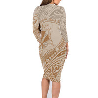 Hawaii Monk Seal and Map Family Matching Long Sleeve Bodycon Dress and Hawaiian Shirt Polynesian Kanaka Maoli Beige Vibe LT9 - Polynesian Pride