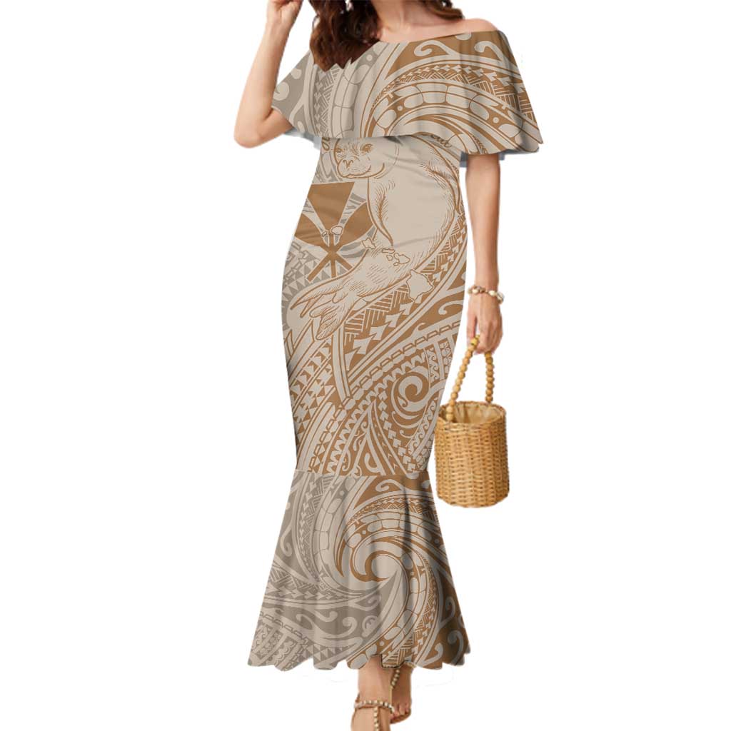 Hawaii Monk Seal and Map Family Matching Mermaid Dress and Hawaiian Shirt Polynesian Kanaka Maoli Beige Vibe LT9 Mom's Dress Beige - Polynesian Pride