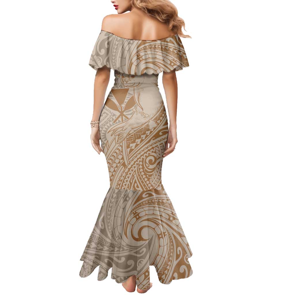 Hawaii Monk Seal and Map Family Matching Mermaid Dress and Hawaiian Shirt Polynesian Kanaka Maoli Beige Vibe LT9 - Polynesian Pride