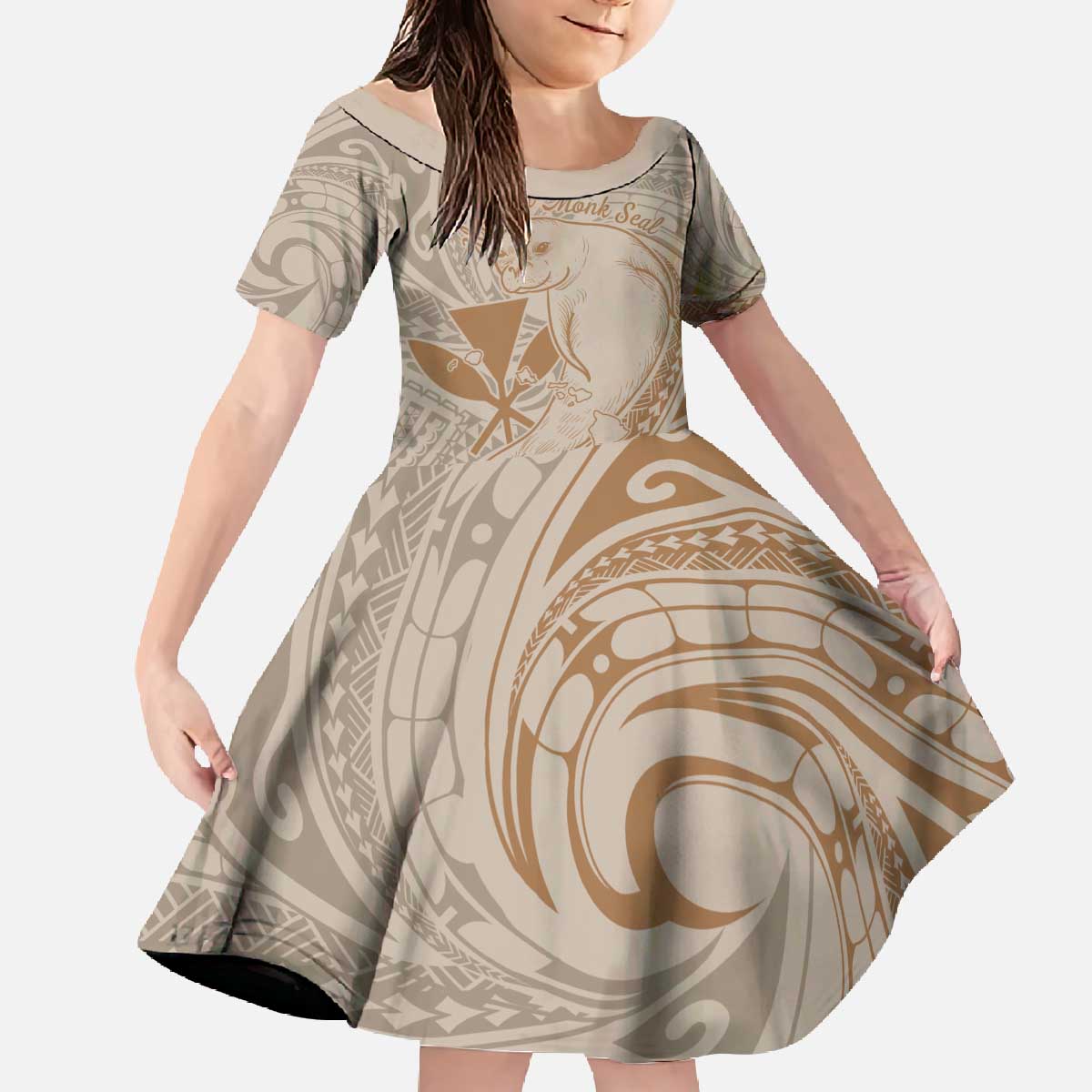Hawaii Monk Seal and Map Family Matching Off The Shoulder Long Sleeve Dress and Hawaiian Shirt Polynesian Kanaka Maoli Beige Vibe LT9 Daughter's Dress Beige - Polynesian Pride