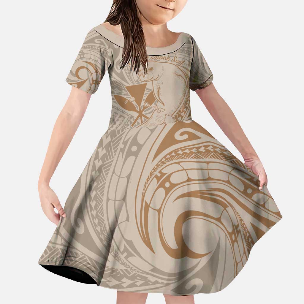 Hawaii Monk Seal and Map Family Matching Off Shoulder Maxi Dress and Hawaiian Shirt Polynesian Kanaka Maoli Beige Vibe LT9 Daughter's Dress Beige - Polynesian Pride