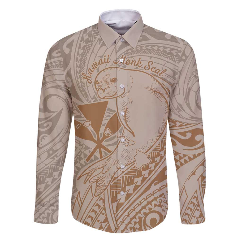Hawaii Monk Seal and Map Family Matching Off Shoulder Maxi Dress and Hawaiian Shirt Polynesian Kanaka Maoli Beige Vibe LT9 Dad's Shirt - Long Sleeve Beige - Polynesian Pride