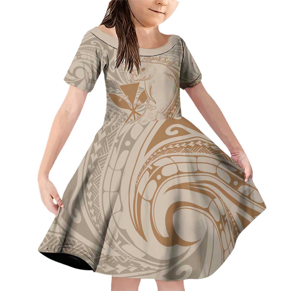 Hawaii Monk Seal and Map Family Matching Off Shoulder Short Dress and Hawaiian Shirt Polynesian Kanaka Maoli Beige Vibe LT9 Daughter's Dress Beige - Polynesian Pride