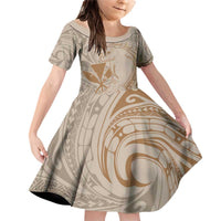 Hawaii Monk Seal and Map Family Matching Off Shoulder Short Dress and Hawaiian Shirt Polynesian Kanaka Maoli Beige Vibe LT9 Daughter's Dress Beige - Polynesian Pride