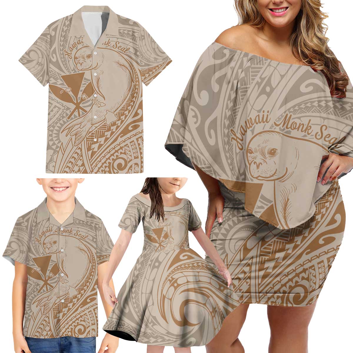 Hawaii Monk Seal and Map Family Matching Off Shoulder Short Dress and Hawaiian Shirt Polynesian Kanaka Maoli Beige Vibe LT9 - Polynesian Pride