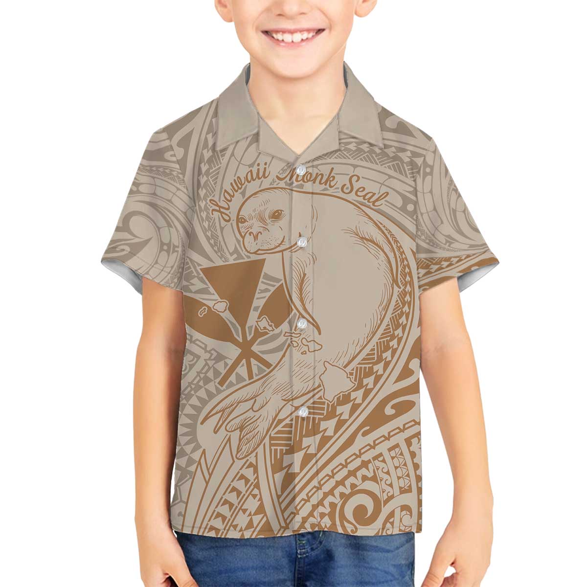 Hawaii Monk Seal and Map Family Matching Off Shoulder Short Dress and Hawaiian Shirt Polynesian Kanaka Maoli Beige Vibe LT9 Son's Shirt Beige - Polynesian Pride