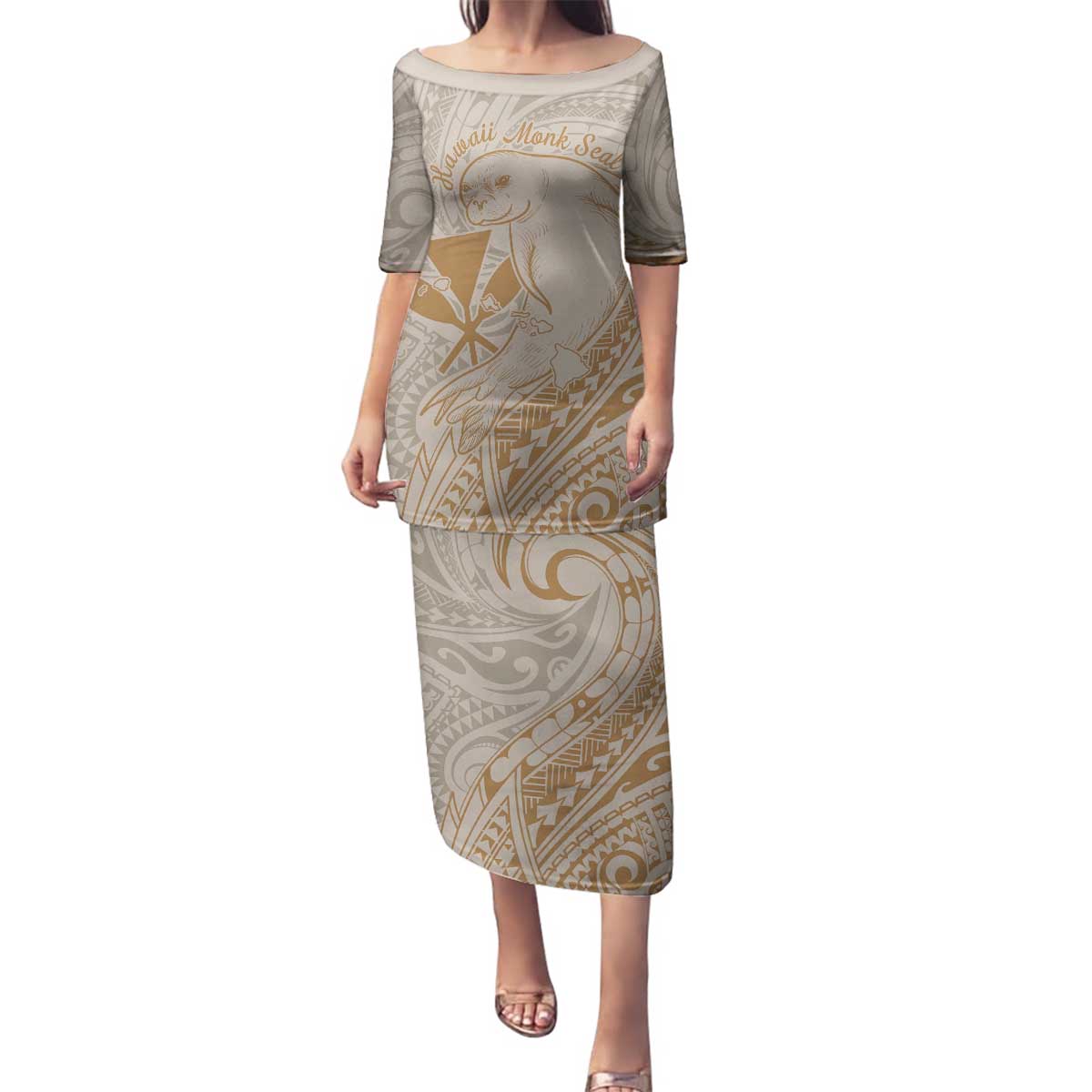Hawaii Monk Seal and Map Family Matching Puletasi and Hawaiian Shirt Polynesian Kanaka Maoli Beige Vibe LT9 Mom's Dress Beige - Polynesian Pride