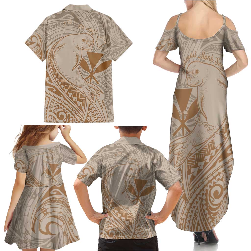 Hawaii Monk Seal and Map Family Matching Summer Maxi Dress and Hawaiian Shirt Polynesian Kanaka Maoli Beige Vibe LT9 - Polynesian Pride