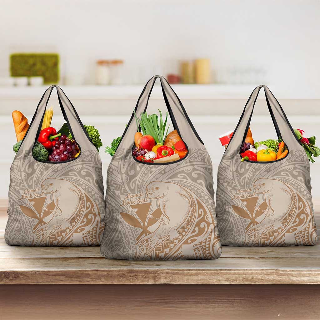 Hawaii Monk Seal and Map Grocery Bag Polynesian Kanaka Maoli Beige Vibe