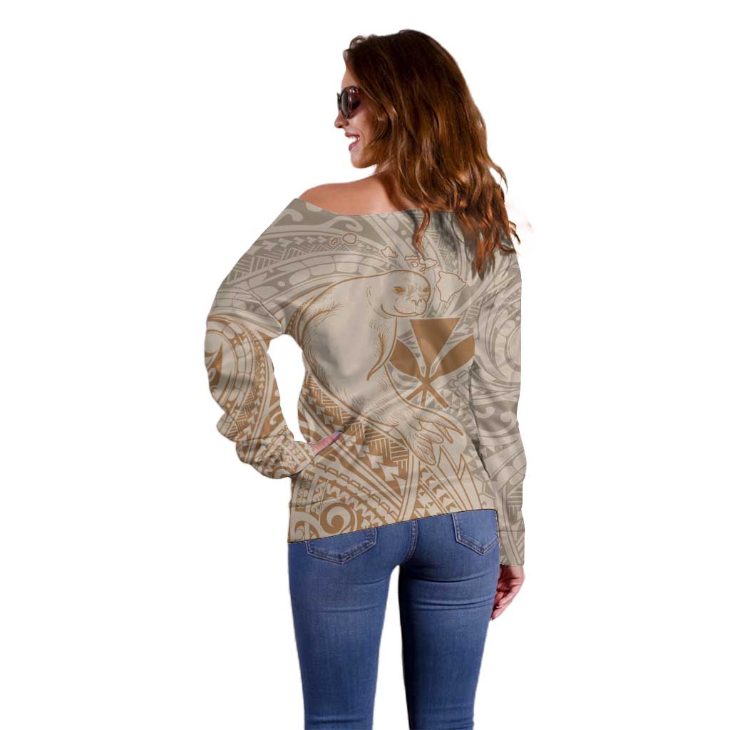 Hawaii Monk Seal and Map Off Shoulder Sweater Polynesian Kanaka Maoli Beige Vibe