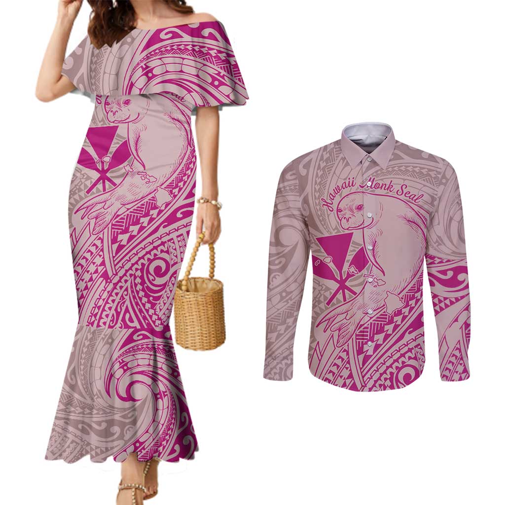 Hawaii Monk Seal and Map Couples Matching Mermaid Dress and Long Sleeve Button Shirt Polynesian Kanaka Maoli Pink Vibe
