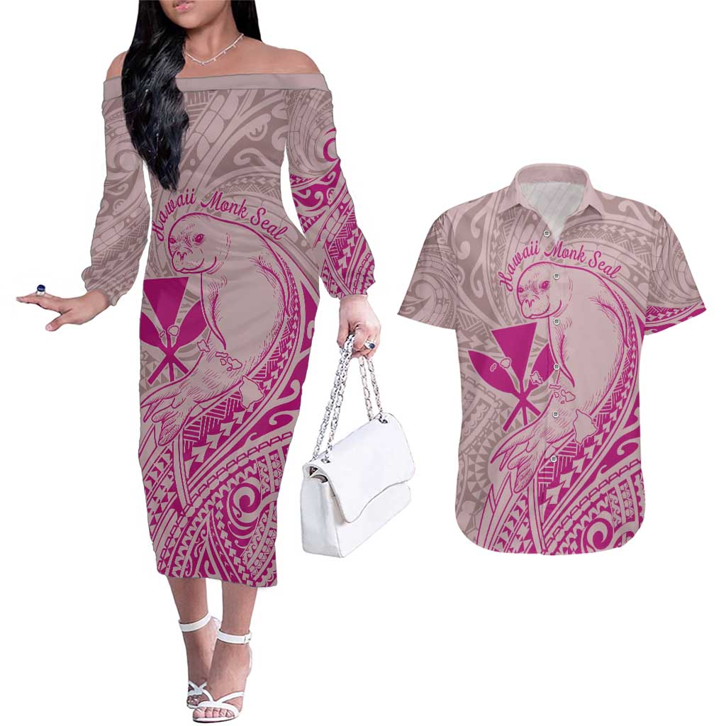 Hawaii Monk Seal and Map Couples Matching Off The Shoulder Long Sleeve Dress and Hawaiian Shirt Polynesian Kanaka Maoli Pink Vibe LT9 Pink - Polynesian Pride