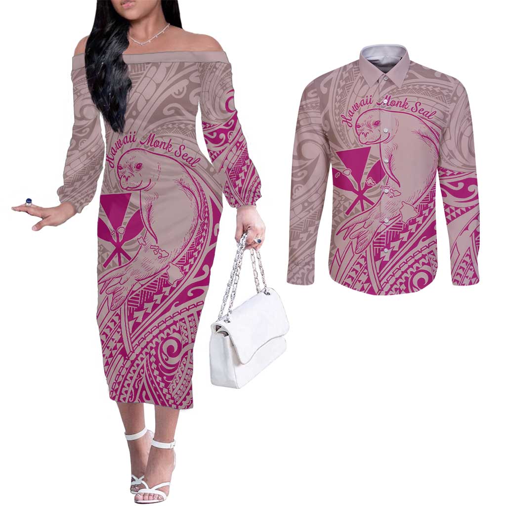 Hawaii Monk Seal and Map Couples Matching Off The Shoulder Long Sleeve Dress and Long Sleeve Button Shirt Polynesian Kanaka Maoli Pink Vibe LT9 Pink - Polynesian Pride
