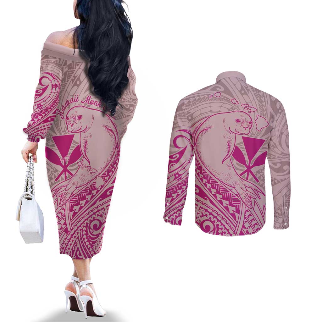 Hawaii Monk Seal and Map Couples Matching Off The Shoulder Long Sleeve Dress and Long Sleeve Button Shirt Polynesian Kanaka Maoli Pink Vibe LT9 - Polynesian Pride