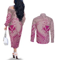 Hawaii Monk Seal and Map Couples Matching Off The Shoulder Long Sleeve Dress and Long Sleeve Button Shirt Polynesian Kanaka Maoli Pink Vibe LT9 - Polynesian Pride