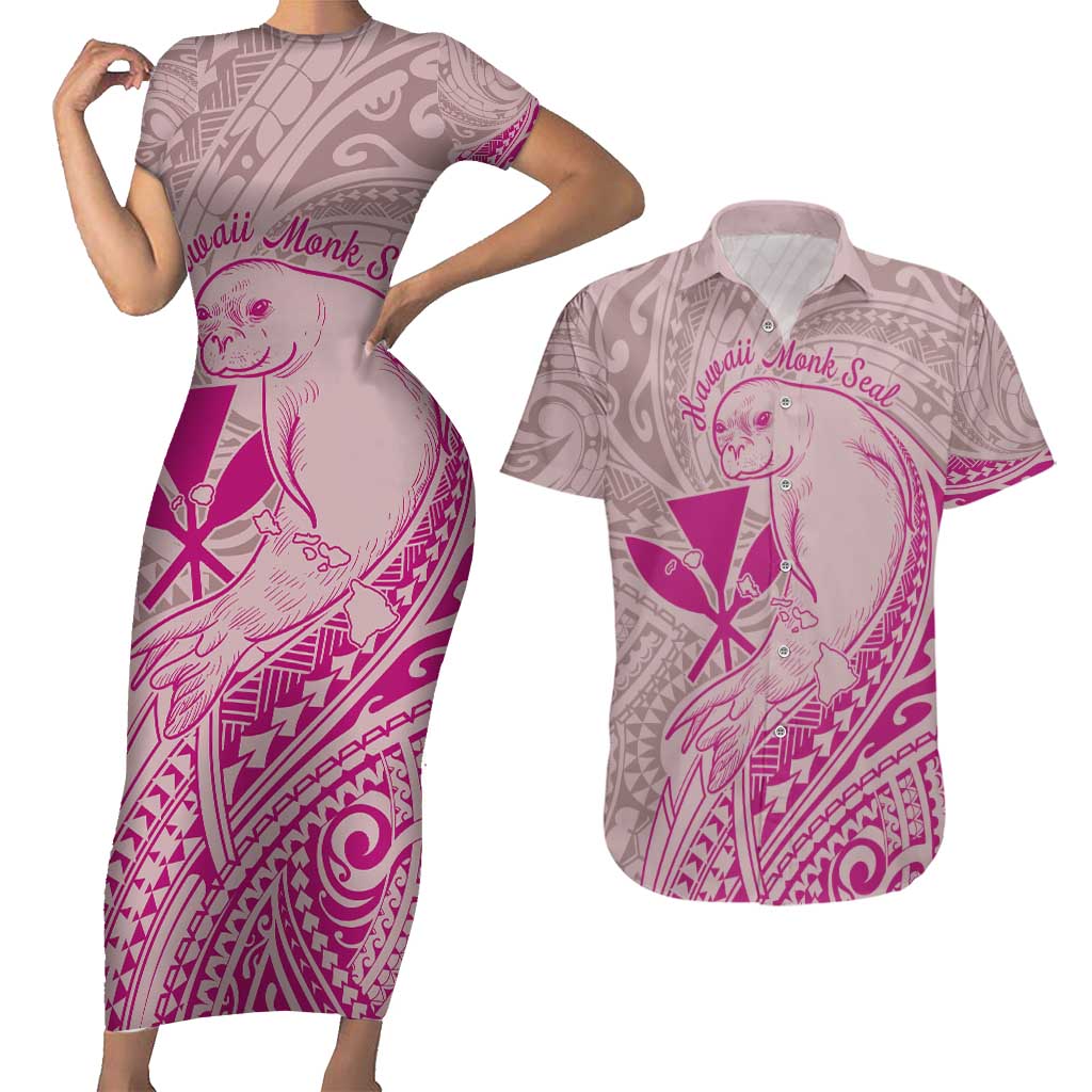 Hawaii Monk Seal and Map Couples Matching Short Sleeve Bodycon Dress and Hawaiian Shirt Polynesian Kanaka Maoli Pink Vibe LT9 Pink - Polynesian Pride