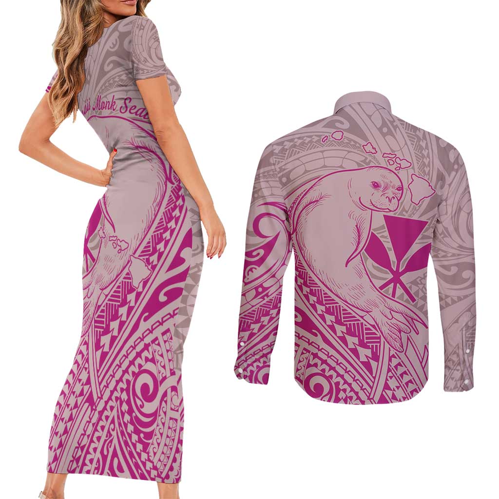 Hawaii Monk Seal and Map Couples Matching Short Sleeve Bodycon Dress and Long Sleeve Button Shirt Polynesian Kanaka Maoli Pink Vibe