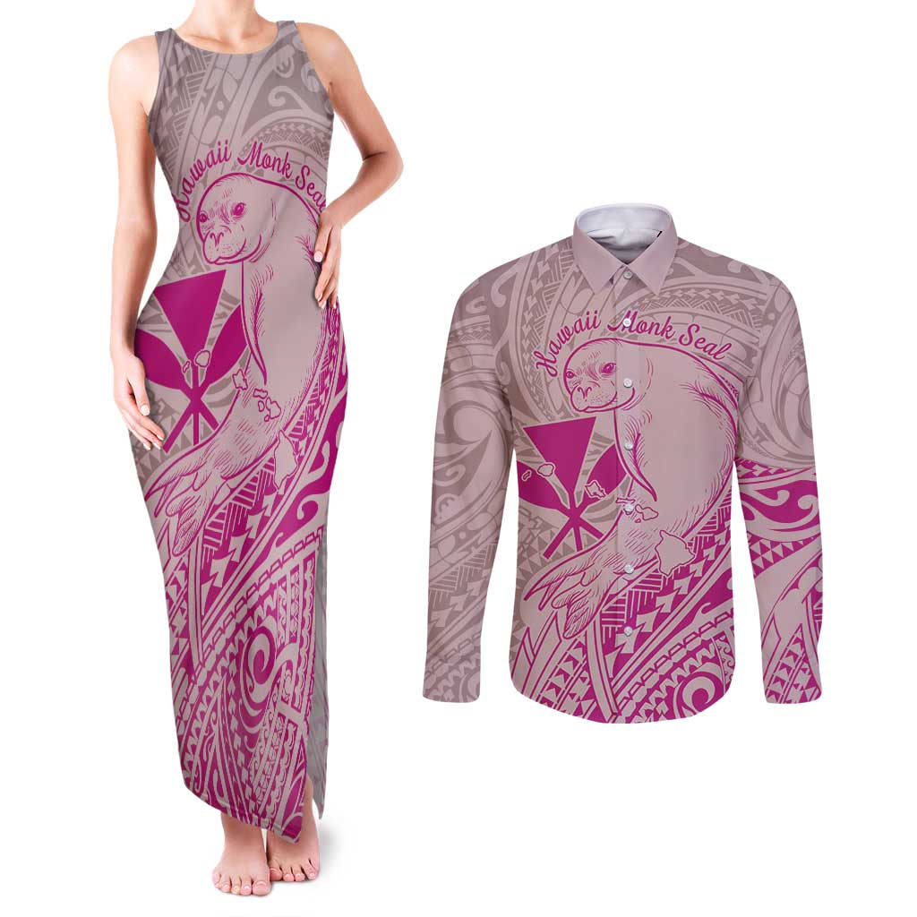 Hawaii Monk Seal and Map Couples Matching Tank Maxi Dress and Long Sleeve Button Shirt Polynesian Kanaka Maoli Pink Vibe
