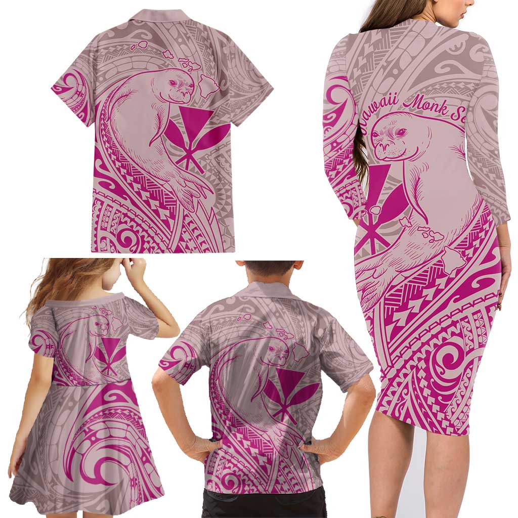 Hawaii Monk Seal and Map Family Matching Long Sleeve Bodycon Dress and Hawaiian Shirt Polynesian Kanaka Maoli Pink Vibe LT9 - Polynesian Pride