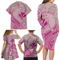 Hawaii Monk Seal and Map Family Matching Long Sleeve Bodycon Dress and Hawaiian Shirt Polynesian Kanaka Maoli Pink Vibe LT9 - Polynesian Pride
