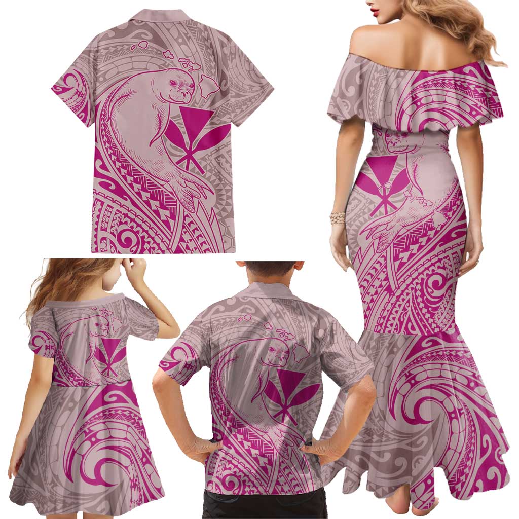 Hawaii Monk Seal and Map Family Matching Mermaid Dress and Hawaiian Shirt Polynesian Kanaka Maoli Pink Vibe LT9 - Polynesian Pride
