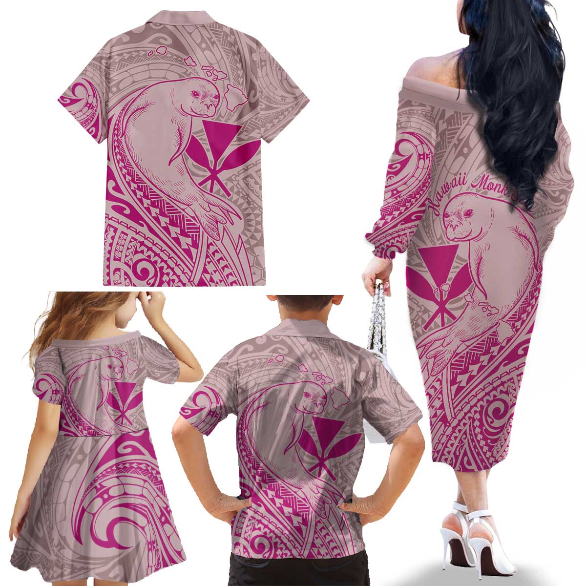Hawaii Monk Seal and Map Family Matching Off The Shoulder Long Sleeve Dress and Hawaiian Shirt Polynesian Kanaka Maoli Pink Vibe LT9 - Polynesian Pride