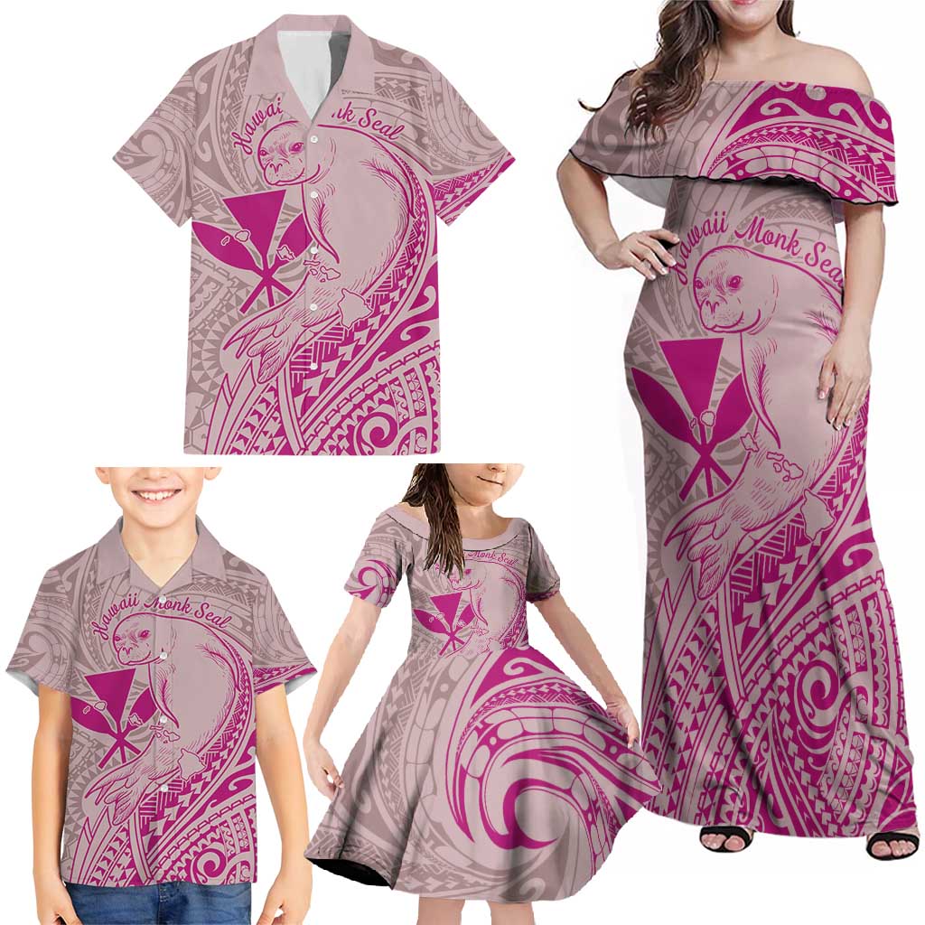 Hawaii Monk Seal and Map Family Matching Off Shoulder Maxi Dress and Hawaiian Shirt Polynesian Kanaka Maoli Pink Vibe LT9 - Polynesian Pride