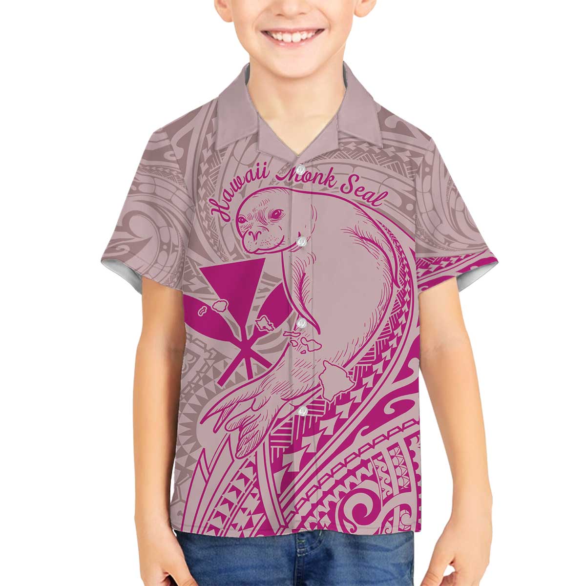 Hawaii Monk Seal and Map Family Matching Off Shoulder Short Dress and Hawaiian Shirt Polynesian Kanaka Maoli Pink Vibe LT9 Son's Shirt Pink - Polynesian Pride