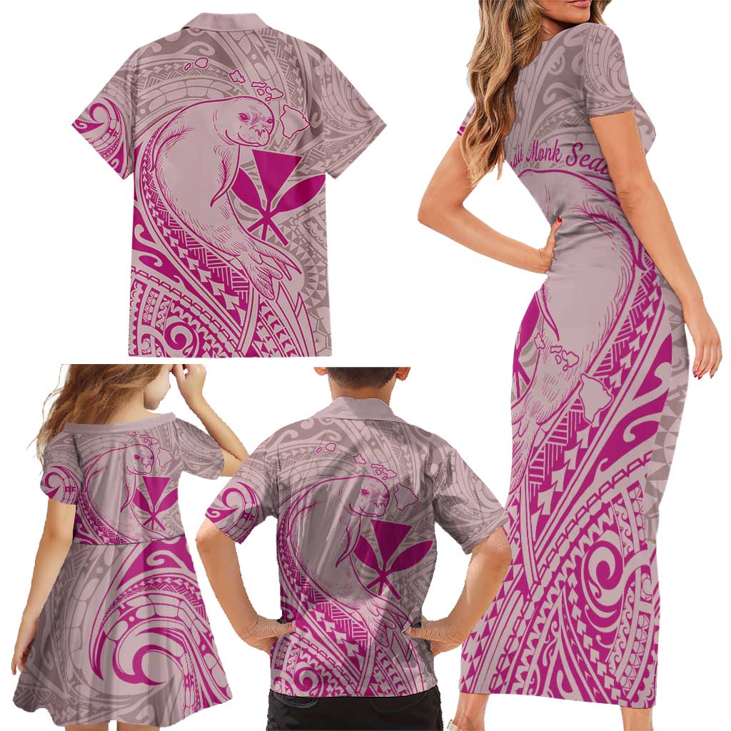 Hawaii Monk Seal and Map Family Matching Short Sleeve Bodycon Dress and Hawaiian Shirt Polynesian Kanaka Maoli Pink Vibe LT9 - Polynesian Pride